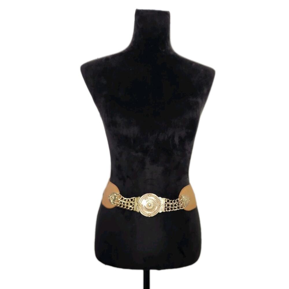 Vtg Arden B Women's Wide Elastic Belt Waist Gold Metal disc & chains Buckle S/M